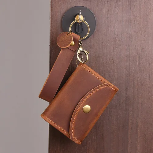Miniatura 5 de Cartera de cuero genuino para tarjetas de crédito, organizador de tarjetas de crédito para mujeres y hombres, monedero pequeño llavero, Marrón