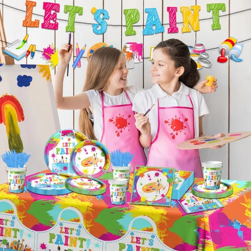 Miniatura 4 de Suministros para fiesta de pintura, juego de vajilla para fiesta de arte de 142 piezas incluye platos para fiesta de pintura y servilletas, manteles