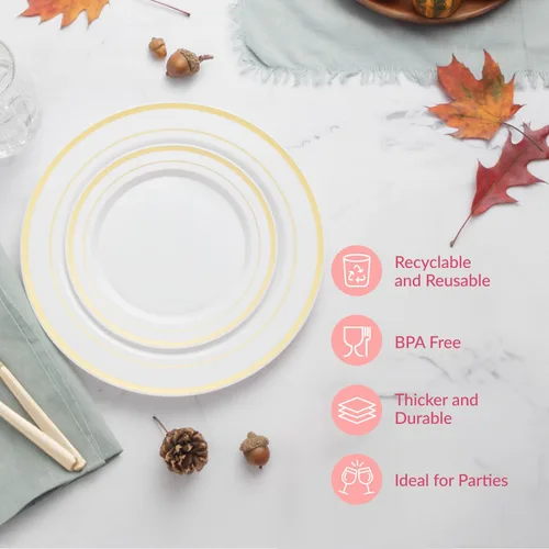 Miniatura 5 de Prestee Juego de platos desechables de 50 piezas, color blanco con borde dorado para fiestas, vacaciones, bodas, incluye 25 platos llanos y 25