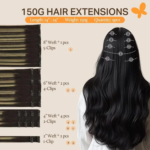 Miniatura 2 de DOORES Extensiones de cabello con pinzas, balayage, negro natural a rubio claro, 22 pulgadas, 4.23 oz, 9 unidades, 4.23 oz, extensiones de cabello