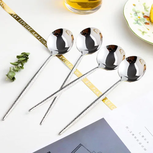 Miniatura 3 de Cuchara de sopa martillada de acero inoxidable, cuchara coreana de mango redondo largo, 4 cucharas martilladas de acero, 8 pulgadas.