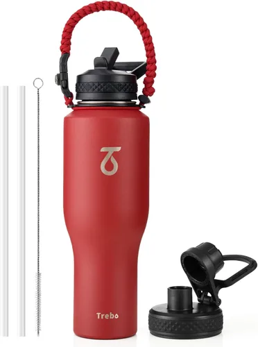 Miniatura 9 de Trebo Botella de agua de 40 onzas con aislamiento que cabe en portavasos de automóvil con asa, botellas de agua de acero inoxidable vaso con tapas
