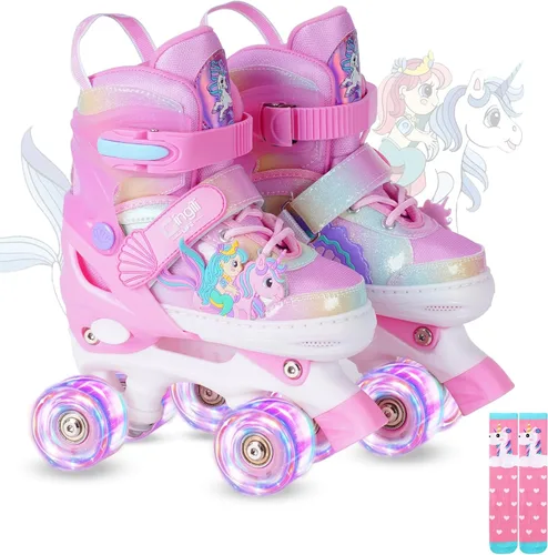 Patines de ruedas para niñas de 3 a 12 años, patines ajustables con luz para niños pequeños, principiantes, unicornio, sirena, arco iris, regalo Rosa