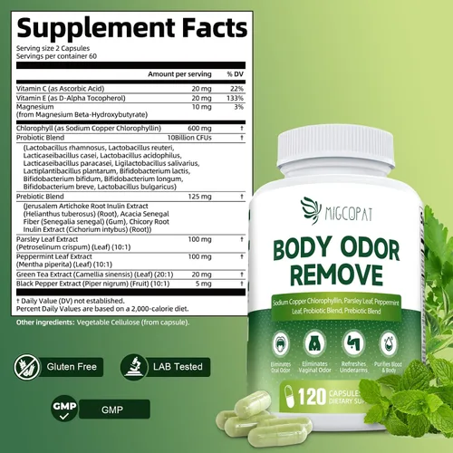 Miniatura 8 de Suplemento desodorizante corporal de clorofila con 10 mil millones de UFC probióticos, vitamina C y E, perejil, menta, té verde, prebióticos
