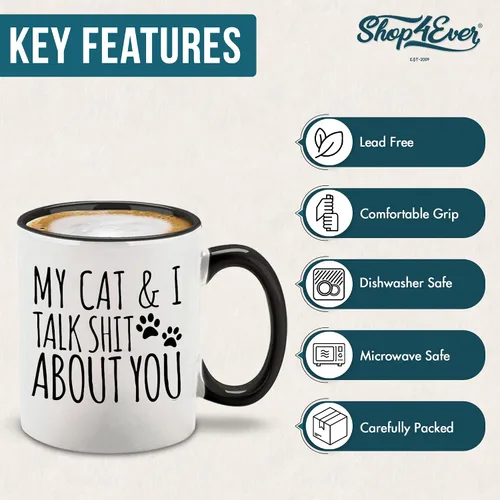 Miniatura 4 de shop4ever My Cat & I Talk About You - Taza de café de cerámica, regalo divertido para mamá gata, 11 onzas (mango negro)