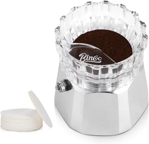 Miniatura 8 de Bincoo Moka - Dispensador de ollas con 100 piezas de papel de filtro, relleno de polvo giratorio, taza receptora de polvo, embudo, accesorios