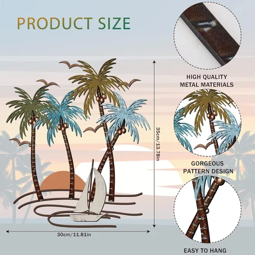 Miniatura 2 de Shimeyao Arte de pared de metal costero, arte de pared de metal con palmera, decoración de playa al aire libre, baño, esculturas de árbol tropical