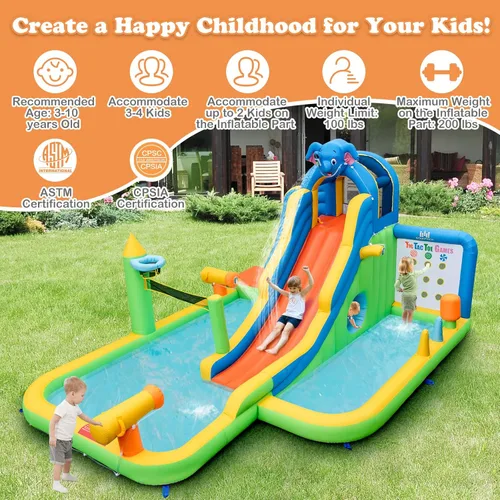 Miniatura 9 de BOUNTECH Tobogán acuático inflable, tobogán de surf de elefante, parque acuático para niños, castillo hinchable con 2 piscinas de chapoteo, cueva