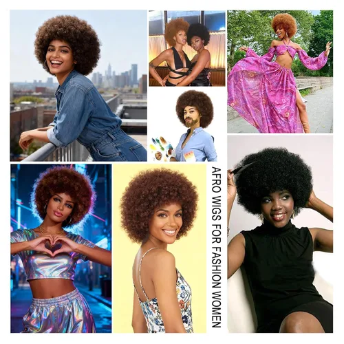 Miniatura 6 de G&T Wig - Pelucas afro de los 70 para mujeres de raza negra, pelucas afro rizadas de marrón oscuro, pelucas completas suaves y naturales con aspecto