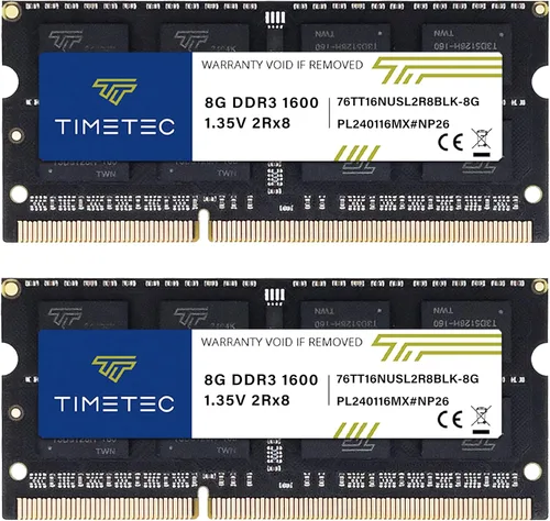 Timetec Kit de 16 GB (2 x 8 GB) DDR3L / DDR3 1600 MHz (DDR3L-1600) PC3L-12800 / PC3-12800 no ECC sin búfer 1,35 V/1,5 V CL11 2 Rx8 204 pines SODIMM