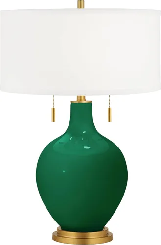 Color + Plus Toby - Lámpara de mesa de cristal moderna de 28 pulgadas de alto, cadena de tirar, acabado de latón dorado, tela única, pantalla