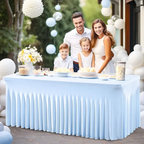 Miniatura 4 de Paquete de 2 manteles color azul bebé para mesa rectangular de 4 pies, manteles de elastano elásticos de 4 pies, falda blanca rectangular para baby