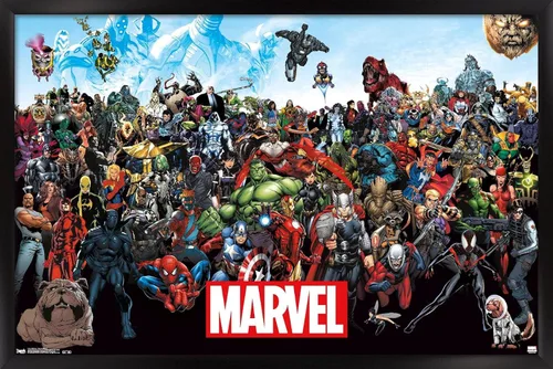 Marvel Comics The Marvel Lineup - Póster de pared, 22.4 pulgadas de largo x 14.7 pulgadas de ancho, versión enmarcada en negro Versión con marco