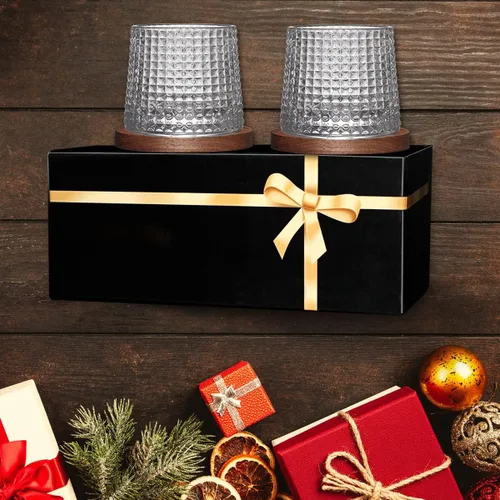 Miniatura 7 de Juego de 2 vasos de whisky giratorios, vasos de cristal con 2 posavasos creativos de nogal y caja de regalo, para escocés, bourbon, cócteles