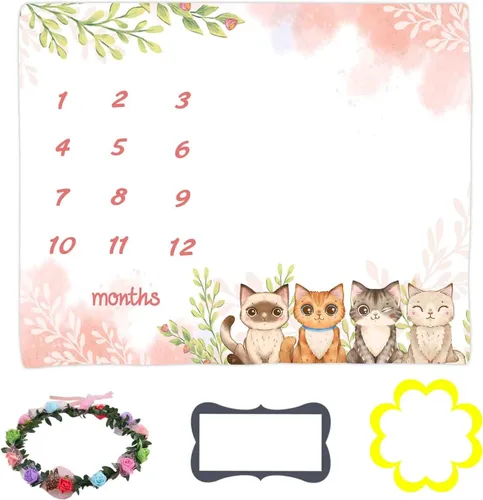 Miniatura 2 de BTXTLY18 - Manta mensual de hitos para niñas, manta de crecimiento de bebés con dibujos animados de animales de dibujos animados rosa primavera