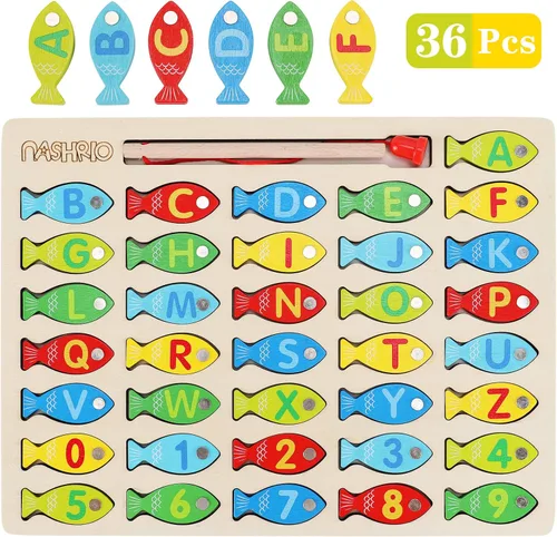 Miniatura 8 de Juguete Magnético de Pesca de Madera para Niños Pequeños, Juegos de Pesca y Conteo de Peces del Alfabeto, Rompecabezas con Números y Letras