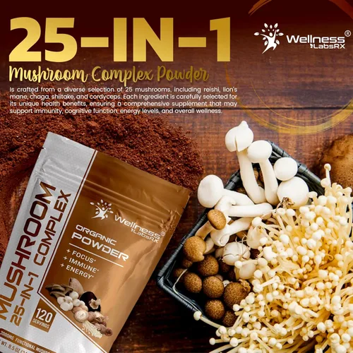 Miniatura 5 de WELLNESS LABSRX Polvo de hongos, suplemento de hongos 25 en 1, 2000 mg, 25 superalimentos en polvo de melena de leones con chaga, shiitake