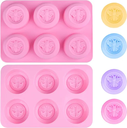 Paquete de 2 moldes de silicona de abeja, 6 cavidades redondas de silicona para bombas de baño, jabones caseros, barra de loción, cera de abejas,