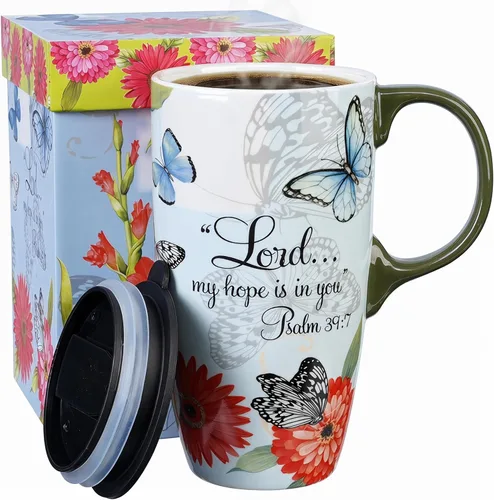 Miniatura 11 de Topadorn Taza de café de cerámica de 17 onzas con tapa y caja de regalo para viaje, Flor Roja y Mariposa Botanical Gardens