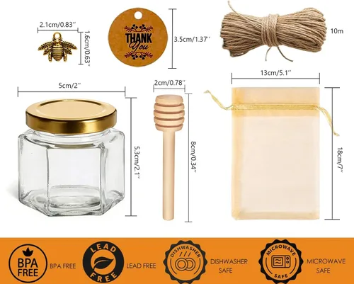 Miniatura 2 de Adabocute Mini tarros de miel – Tarro hexagonal de miel de vidrio con tapas doradas, cubos de madera, abalorios de abeja y yutes – Pequeños tarros