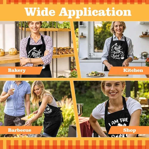 Miniatura 7 de Paquete de 3 divertidos delantales de cocina para mujeres y hombres, delantales de cocina negros a prueba de aceite con bolsillos ajustables, regalo