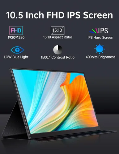 Miniatura 2 de Monitor portátil pequeño 10.5" 400 Nits 15:10 FHD 1280P IPS, monitor mini ultradelgado con cubierta inteligente y altavoz, monitor