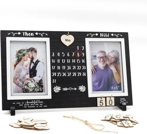 Marco de fotos de madera para aniversario de bricolaje: el regalo conmemorativo de entonces y ahora cuenta con placas de madera intercambiables para