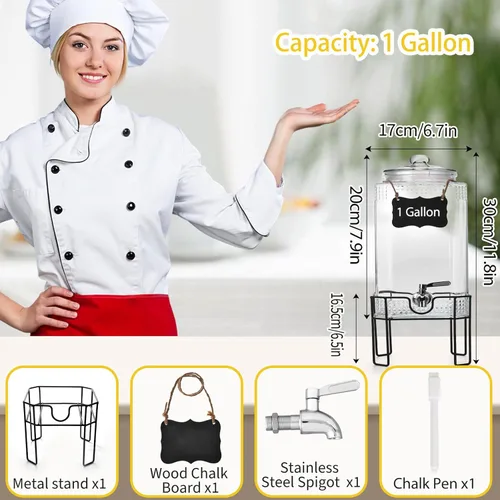 Miniatura 4 de Dispensador de bebidas, dispensadores de bebidas para fiestas, dispensador de bebidas de vidrio de 1 galón con soporte y tapa de vidrio, grifo 100%
