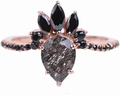 KANISHKA GEMS JEWELS - Anillo de boda con diamantes y rutilo negro y delicado, anillo de oro rosa de 14 quilates