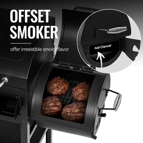Miniatura 8 de Parrilla de gas y carbón combinada de 2 quemadores con ahumador lateral y quemador lateral, parrilla de combustible dual de 34.000 BTU, área