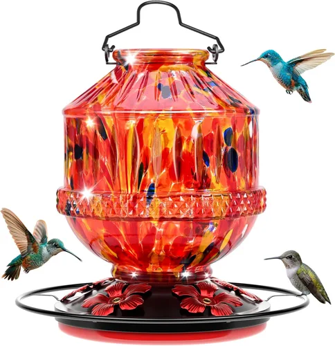 Comederos de vidrio soplado para colibríes para exteriores, comedero de néctar para pájaros silvestres de 25 onzas con percha y 5 puertos de