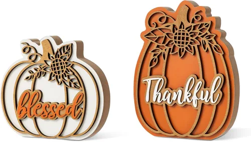 Miniatura 2 de Glitzhome Juego de 2 decoraciones de calabaza de madera de Acción de Gracias (6 pulgadas y 8 pulgadas de alto) – Decoración de mesa de granja
