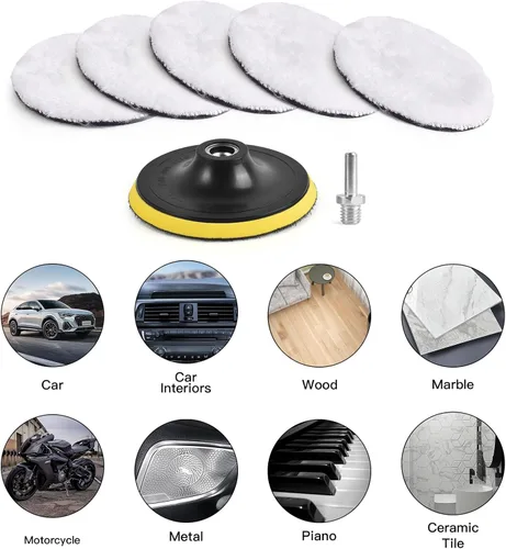 Miniatura 6 de Kshineni 7 unidades de 5 pulgadas (4.921 in) almohadilla de pulido de lana para pulir el coche, accesorio de taladro con adaptador de taladro M14