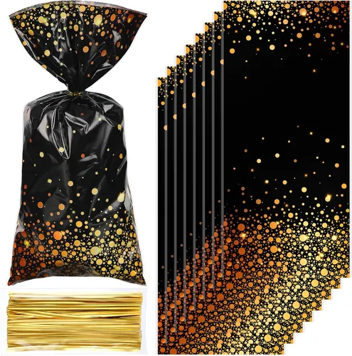Censen 100 bolsas de celofán de graduación, bolsas de celofán negro y dorado, 10.8 x 5 pulgadas, bolsa de plástico para dulces con 100 lazos dorados
