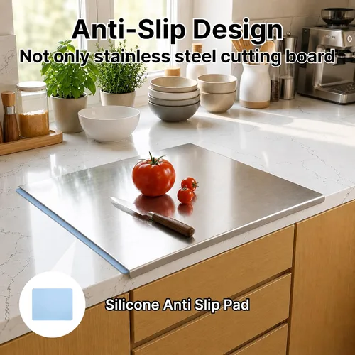 Miniatura 5 de Tablas de cortar grandes de acero inoxidable para cocina, tablas de cortar con alfombrilla antideslizante azul, tabla de cortar con borde
