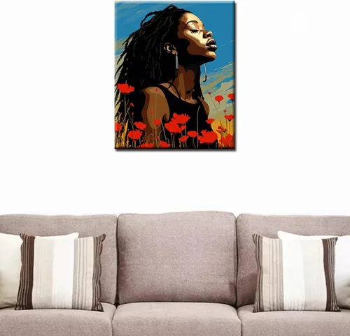 Miniatura 3 de Tucocoo Chica Negra Flores de Amapola Pintura por Números para Adultos Estilo de Arte Moderno Figura de Dama Pintura por Números para Principiantes