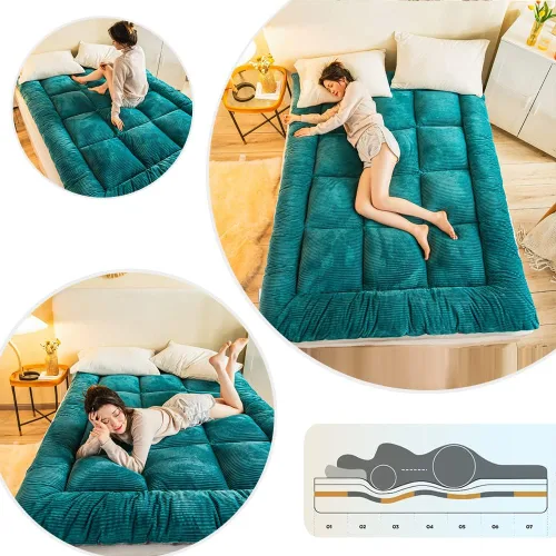 Miniatura 8 de Colchón de felpa para piso, colchón de futón japonés, colchón cálido para invierno, cama plegable, colchón enrollable, colchón de campamento, Verde