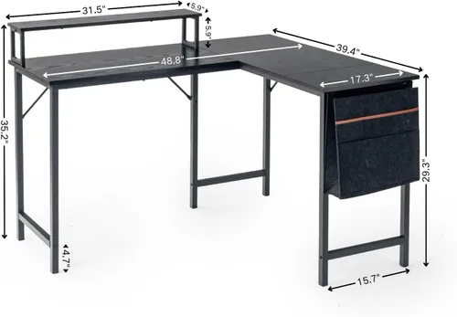 Miniatura 2 de FurnitureR Escritorio para computadora en forma de L de 48.8 pulgadas con bolsa de almacenamiento y luz LED, espaciosa estación de trabajo