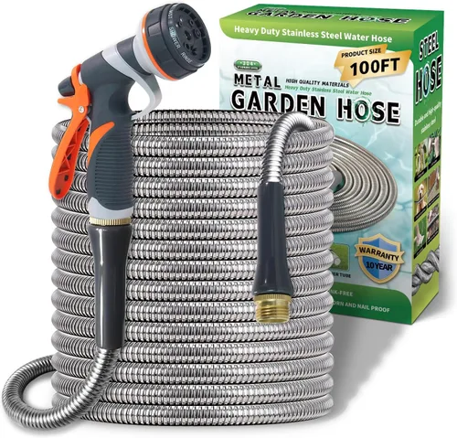 Miniatura 13 de Manguera de jardín de metal de 25 pies, manguera de jardín flexible de acero inoxidable ligera, manguera de agua resistente con boquilla de alta