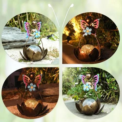 Miniatura 5 de Afirst Luces Solares para Exteriores, Lámpara Solar de Loto de Hadas para Decoración de Jardín, Bola Decorativa de Cristal Agrietado de Metal, Luz