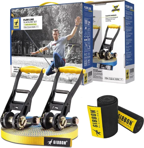 GIBBON Slacklines Flowline con ropa de árbol, amarillo/azul, 82 pies (línea de 74 pies + correa de trinquete de 8 pies con lazo reforzado) línea de