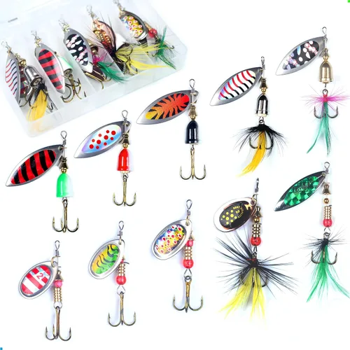 Miniatura 9 de EXAURAFELIS 10/30 piezas Señuelo de pesca Spinnerbait con Ganchos Triples Plumados Señuelos de Cola de Gallo Señuelos de Cuchara para Lubina Salmón
