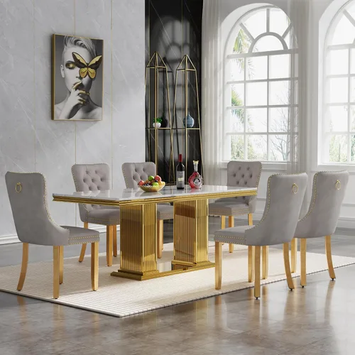 Miniatura 13 de HomVent Juego de mesa de comedor moderna de mármol sintético para 4 personas, mesa de cocina rectangular con 4 sillas beige (dorado)