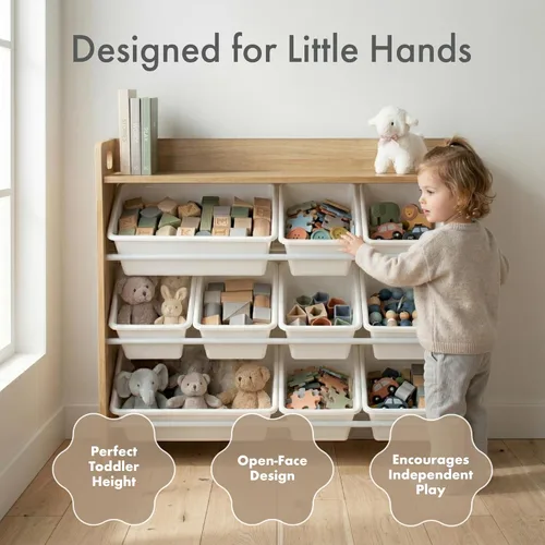 Miniatura 3 de Humble Crew Organizador de almacenamiento de juguetes con estante superior y 9 contenedores extraíbles, natural/blanco, estantería para niños Madera