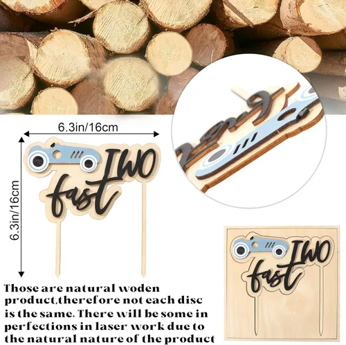 Miniatura 2 de Decoración para tarta de cumpleaños de dos días rápidos, decoración de madera para tartas de coche de carreras, decoración de segundo cumpleaños