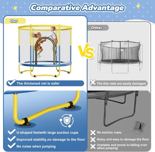 Miniatura 6 de Trampolín interior de 6 pies para niños de 1 a 8 años, mini trampolín para interiores y exteriores de 72 pulgadas con red de seguridad, aro