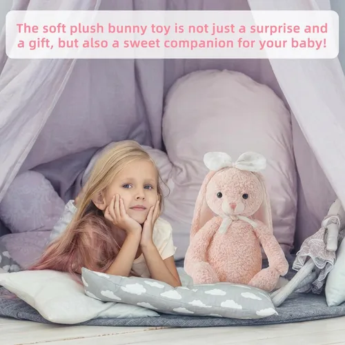 Miniatura 7 de Conejito de peluche de conejo suave, juguete de peluche de 10 pulgadas de largo, conejito de peluche con orejas y diadema de lazo blanco, juguetes