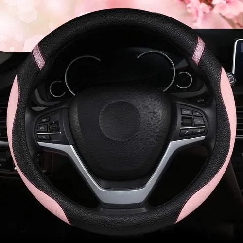 Miniatura 3 de Cxtiy - Funda de cuero para volante, universal para mujer, para auto, 15 pulgadas (rosa)
