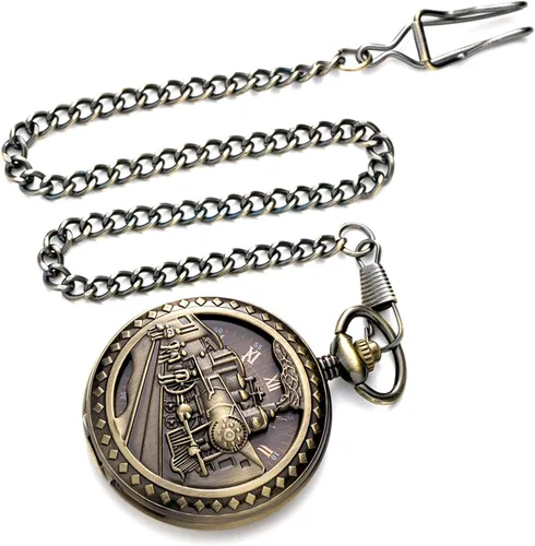 Miniatura 4 de Carrie Hughes Reloj de bolsillo mecánico de tren de vapor vintage para hombre con cadena en caja CH108B, CH108B, retro, moda, casual, negocios