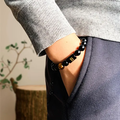 Miniatura 12 de SUMMER LOVE Regalos para el Día del Padre, pulsera con inicial de piedra de ónix negro de 0.394 pulgadas para hombres, pulsera de cuerda trenzada